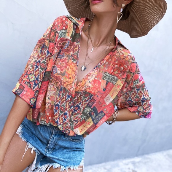 Boho Floral Print Tribal Oversized Blouse Red 90s - Picture 2 of 5